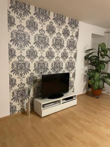 a living room with a flat screen tv on a wall at Großes 2-Schlafzimmer Apartment in Cölbe in Cölbe