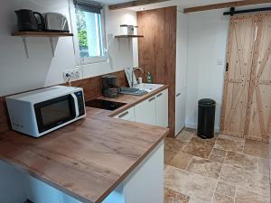 a kitchen with a microwave on top of a counter at Le petit duplex des barres in La Boissière-de-Montaigu