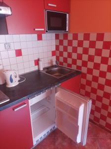 uma cozinha com um lavatório e uma parede xadrez vermelha e branca em MAT ubytování em Ostrava