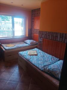 オストラヴァにあるMAT ubytováníのベッド2台と窓2つが備わる客室です。