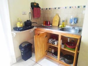 eine kleine Küche mit einer Spüle und einer Theke in der Unterkunft Apart Venecia in Puerto Iguazú
