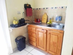 eine kleine Küche mit einer Spüle und einer Theke in der Unterkunft Apart Venecia in Puerto Iguazú