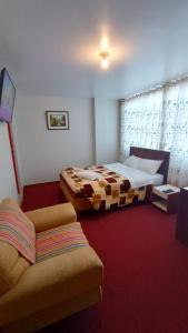 Ayma Hostel Puno في بونو: غرفه فندقيه بسرير واريكه