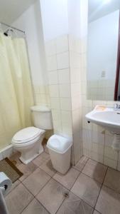 La salle de bains est pourvue de toilettes et d'un lavabo. dans l'établissement Ayma Hostel Puno, à Puno