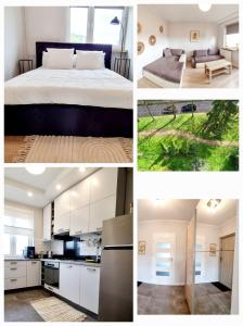 a collage of photos of a kitchen and a bedroom at Apple Apartments - Atlas Arena, Zoo, Fala, Mandoria, lotnisko, parking in Łódź
