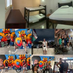 een collage van foto's van mensen in een kamer bij La Clave Hostel in Cali
