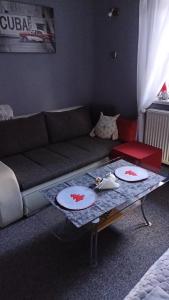 a living room with a couch and a coffee table at Pod Małą Sową in Walim