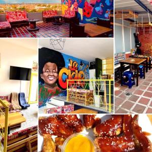 un collage de fotos de un restaurante con comida en La Clave Hostel, en Cali