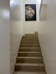 un escalier avec une photo d'un lion sur le mur dans l'établissement Villa Dakar 200 m plage, à Dakar