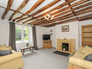a living room with a couch and a fireplace at Lee Barton Farmhouse in Bude