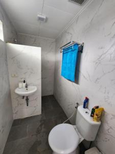 y baño con aseo blanco y lavamanos. en Porlak Hebron Family Homestay, en Siborongborong
