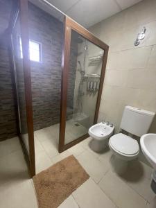 a bathroom with a shower and a toilet and a sink at Departamento Urbano Zapala in Zapala