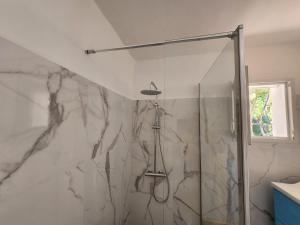 サント・マキシムにあるLes Rosieresのバスルーム(ガラスドア付きのシャワー付)