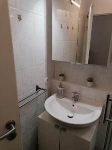 a bathroom with a white sink and a mirror at Ferienwohnung in Veitshöchheim in Veitshöchheim +16 photos