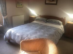 a bedroom with a large bed and a chair at Fferm Glanyrynys Farm in Carmarthen