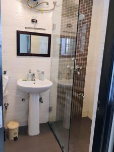 a bathroom with a sink and a glass shower at 2bhk luxury baga candolim anjuna in North goa +16 photos