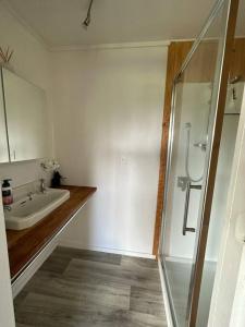 a white bathroom with a sink and a shower at Nibble Nook Farm Cottage in Okoroire