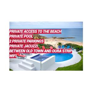 póster de un complejo con playa y piscina en Luxurious BEACHFRONT VILLA de la PLAGE with private beach acces, en Albufeira