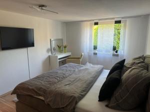 1 dormitorio con 1 cama y TV de pantalla plana en Appartement Waldblick, en Völklingen