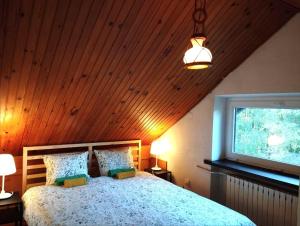 Schlafzimmer mit einem Bett mit Holzdecke und einem Fenster in der Unterkunft Nest 4 Rest in Konstancin-Jeziorna