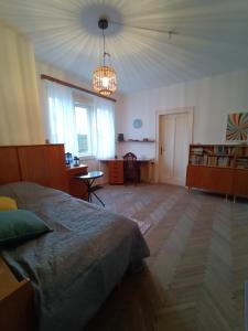 1 dormitorio con cama y lámpara de araña en Garden Apartman Malvazinky, en Praga