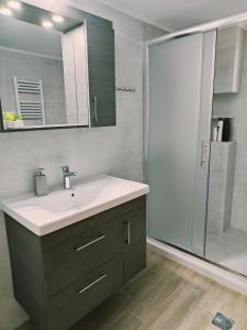 a bathroom with a sink and a shower at Lucy's luxury II in Néa Koútali