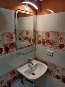 a bathroom with a sink and a mirror at Hotel Benaras Gharana Inn in Varanasi +27 photos