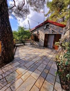 a stone patio with a tree in front of a building at Butterfly Home in Platres