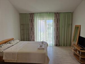 a bedroom with a large bed and a television at Hestia Apartments in Rovinj