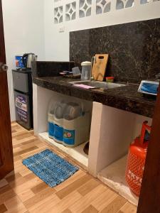 a kitchen counter with a sink and a blue rug at Thor's Cabin-Camp Asgard in Catarman