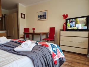 1 dormitorio con 1 cama con toallas y TV en Apartament TRZY POMOSTY Villa Mistral, en Świnoujście