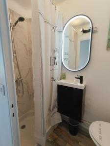 La salle de bains est pourvue d'un lavabo et d'un miroir. dans l'établissement Plage des Lônes et Sanary Port, à Six-Fours-les-Plages