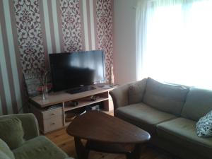 a living room with a couch and a tv at Dom na Jutrzenki in Augustów