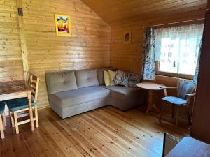 una habitación con sofá y mesa en una cabaña en Jantar Rodzinne Domki, en Bobolin