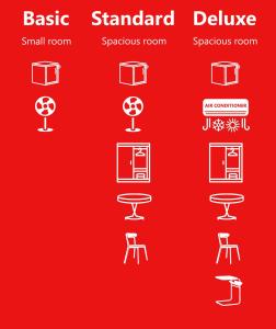 un conjunto de símbolos blancos de muebles sobre fondo rojo en "No party & Many rules" Hostel N1 en Sofía