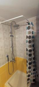 y baño con ducha y cortina de ducha. en Top Holidays Apartments en La Canea