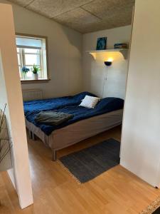 - une chambre avec un lit doté de draps bleus et d'une fenêtre dans l'établissement Skøn lejlighed til 4 personer, à Ansager