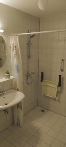 y baño con lavabo, ducha y aseo. en b&b de Vlinder en Hardenberg