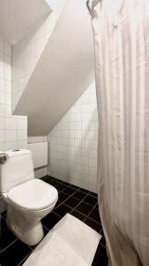 a bathroom with a toilet and a shower curtain at Superhomes 1 BR in Gothenburg