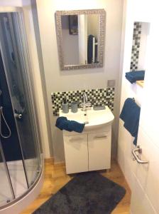 Un baño con lavabo y ducha en " Michaelas HUUS " zwischen den Meeren, Trappenkamp Holsteinische Schweiz, en Trappenkamp 8 fotos más