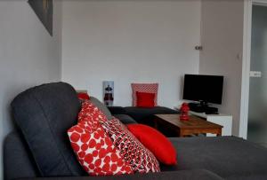 ein Wohnzimmer mit einem grauen Sofa und roten Kissen in der Unterkunft La Nantaise de la mer in Saint-Hilaire-de-Riez