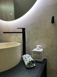 een badkamer met een wastafel en een zeepbak op een aanrecht bij 1 BedRoom Apt - Live Like A Local In Kolonaki in Athene