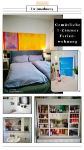 a collage of pictures of a bedroom with a bed at Gemütliche 1 Zimmer Ferienwohnung in Ludwigsburg