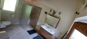 a bathroom with a sink and a shower and a mirror at Appartement Petra in Kössen +43 photos