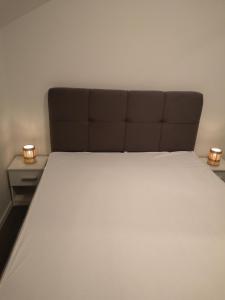 uma cama num quarto com duas luzes em duas mesas em Apartmani Franka em Privlaka