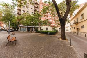 a bench on a street with a tree and buildings at Bravissimo Turbau Entresol A, with 3 bedrooms in Girona