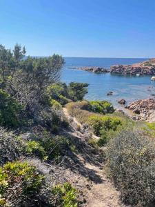 a view of a body of water with rocks and trees at Casa nuova indipendente in Sardegna in Laerru