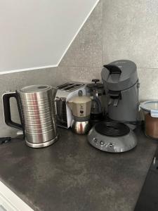 uma bancada com comodidades para preparar café e uma torradeira em Schöne 2 Raumwohnung in Borna em Borna