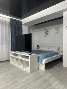 a bedroom with a bed and a flat screen tv at Promenada Apartments in Năvodari