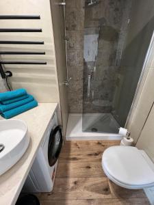 a bathroom with a shower and a toilet and a sink at Seahorse apartment in Liepāja